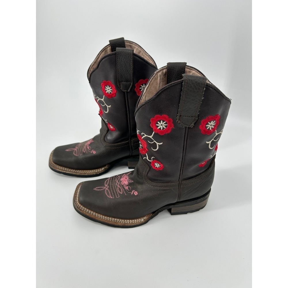 Kids Dark Brown Leather Floral Embroidered Square Toe Western Cowboy Boots